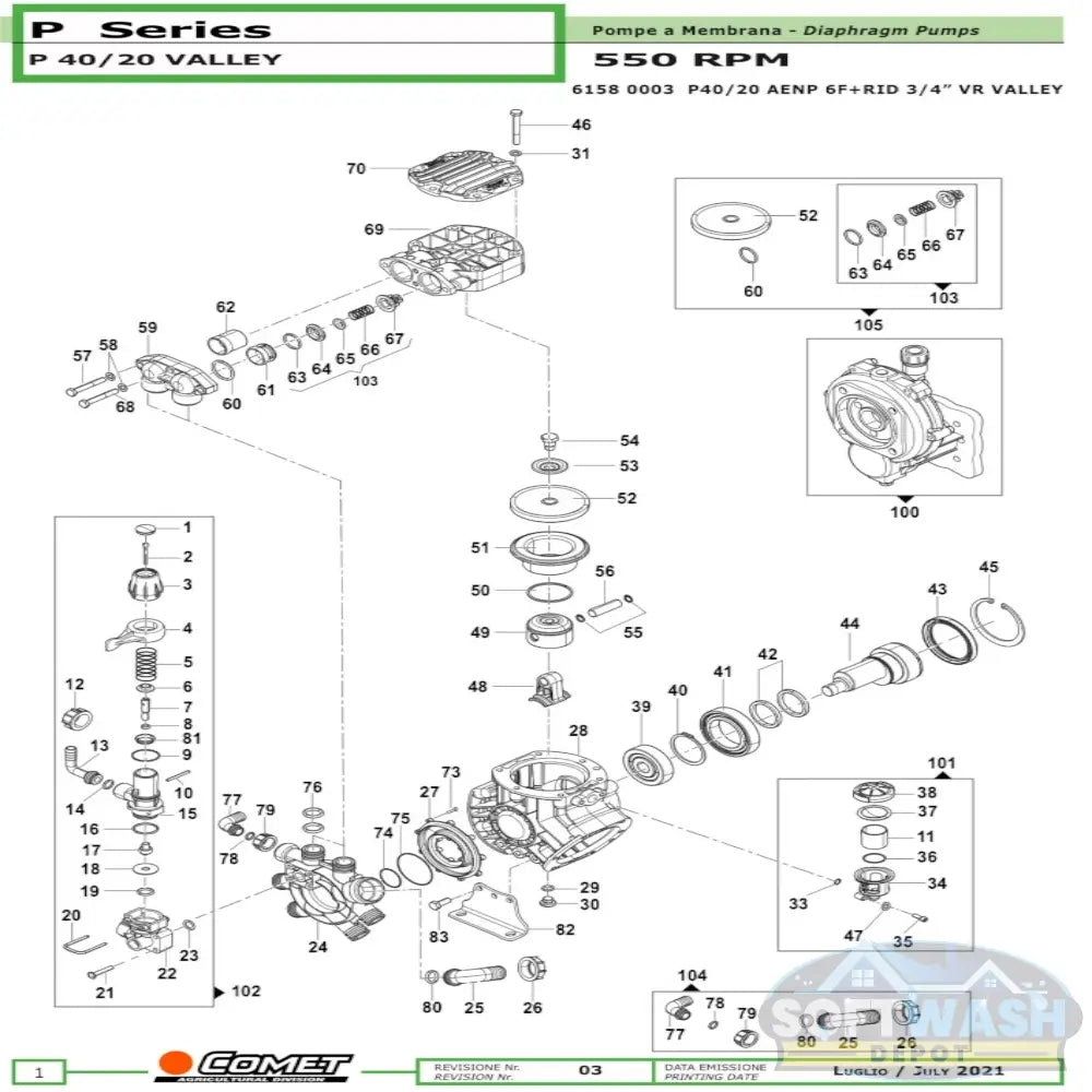 Technical diagram of a diaphragm pump with labeled parts and specifications.