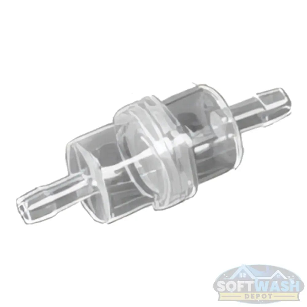 Clear plastic inline fuel filter with 120-micron mesh element and barbed hose fittings for small engine fuel systems - Soft Wash Depot.