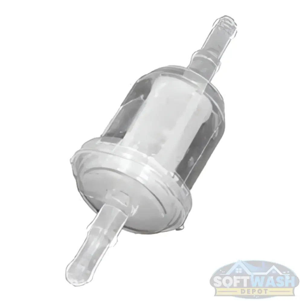 Clear plastic inline fuel filter with 200-micron element and barbed hose ends for small engine fuel systems - Soft Wash Depot.