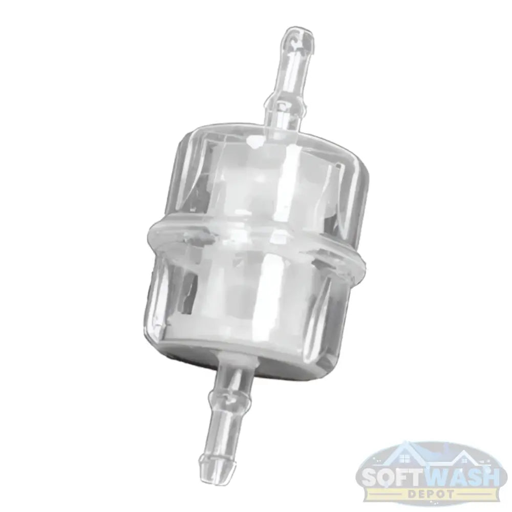 Plastic inline fuel filter with 300-micron filtration, transparent body for visibility, and barbed hose fittings on both ends - Soft Wash Depot.