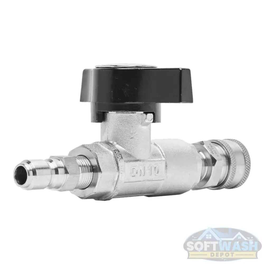Plated brass 3/8-inch DN10 ball valve with stainless steel quick connects, high-pressure fitting for pressure washing and soft wash applications - Soft Wash Depot.