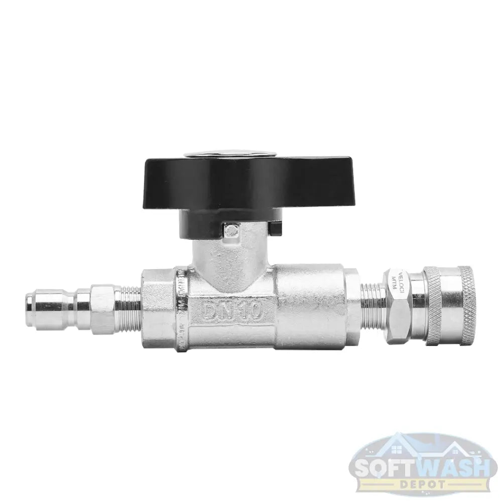 Plated brass 3/8-inch DN10 ball valve with stainless steel quick connects, high-pressure fitting for pressure washing and soft wash applications - Soft Wash Depot.