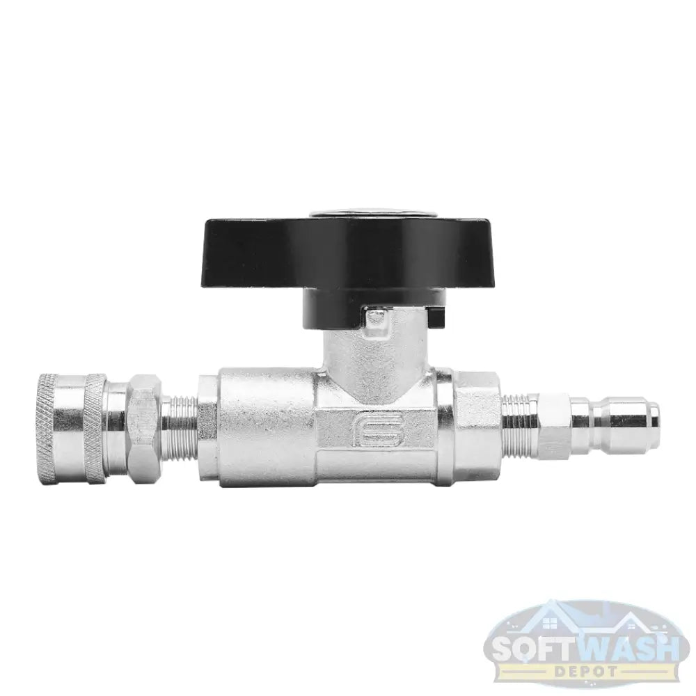 Plated brass 3/8-inch DN10 ball valve with stainless steel quick connects, high-pressure fitting for pressure washing and soft wash applications - Soft Wash Depot.
