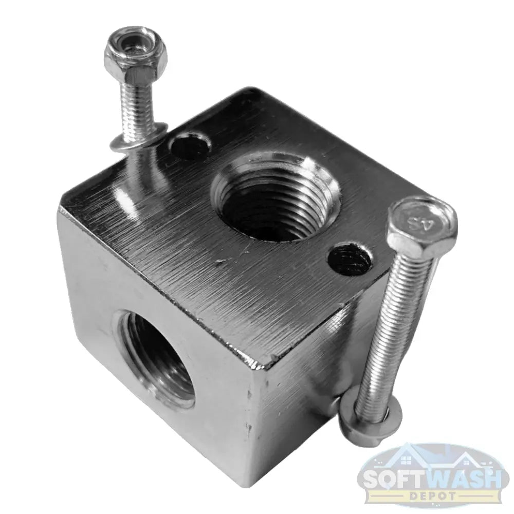 Plated steel unloader block with 3/8" and 1/2" NPT ports, 90-degree pressure washer unloader mounting block with hardware included - Soft Wash Depot.