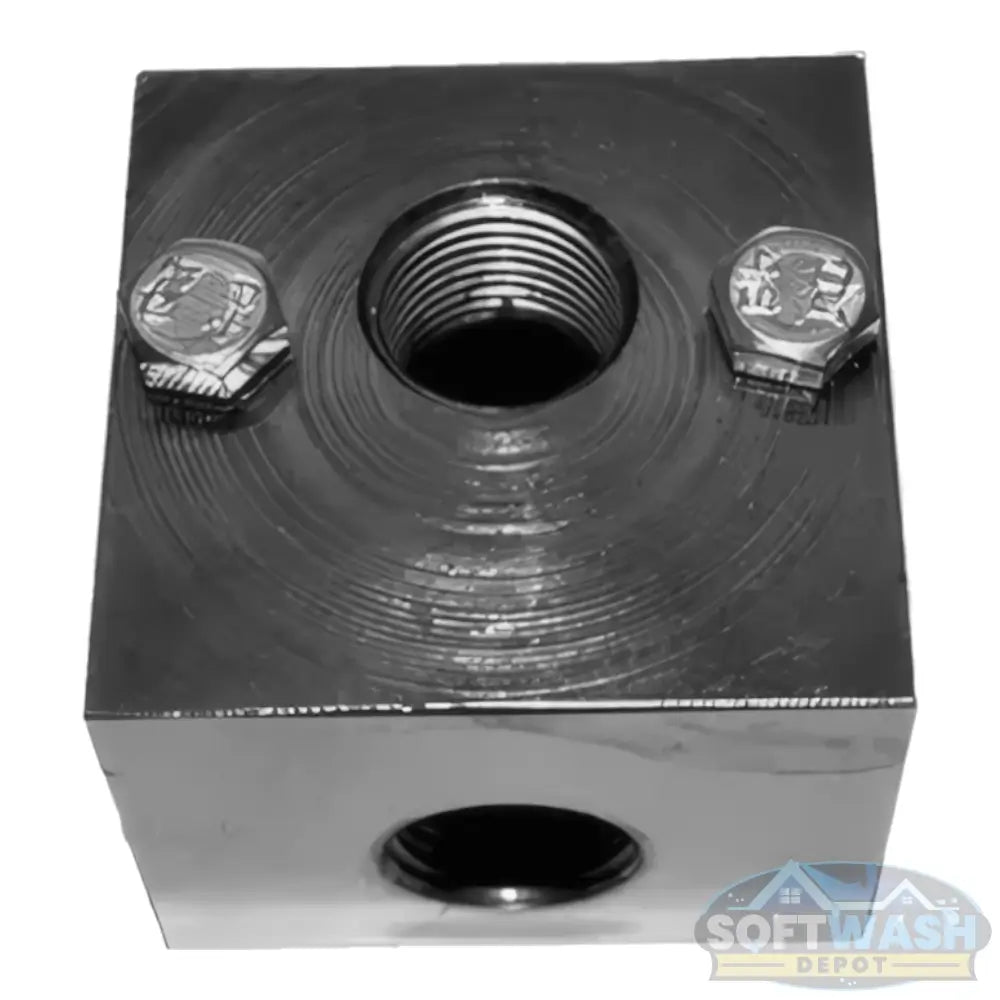Plated steel unloader block with 3/8" and 1/2" NPT ports, 90-degree pressure washer unloader mounting block with hardware included. - Soft Wash Depot