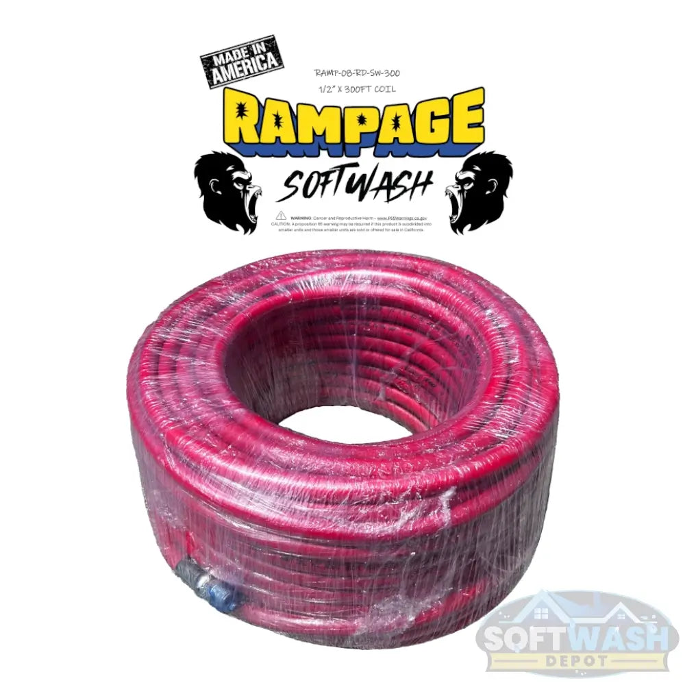 Rampage 1/2" 200' & 300' Softwash Hose - premium blue American-made soft wash hose with factory-crimped 1/2" NPT ends, designed for high-performance chemical and water applications - Soft Wash Depot product photo.