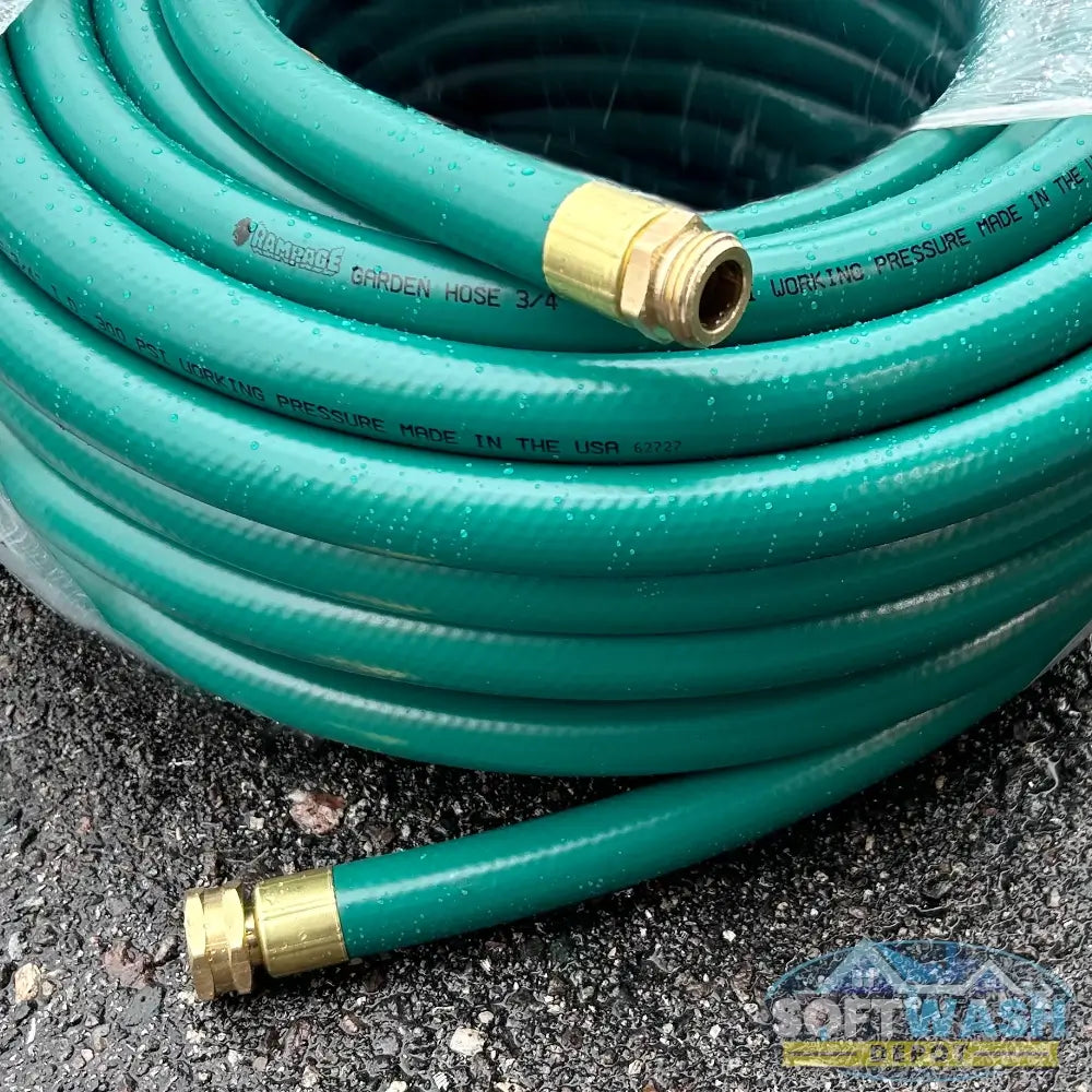 Rampage 3/4" Green Garden Hose with Brass Ends heavy-duty garden hose made in America. Durable and flexible design ideal for residential and commercial outdoor use - Soft Wash Depot.