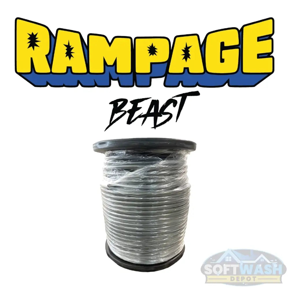 RAMPAGE BEAST Smooth Gray 3/8 inch double wire pressure wash hose rated 7300 PSI, 310°F temperature, 500 ft reel length, heavy-duty commercial pressure washer hose. - Soft Wash Depot