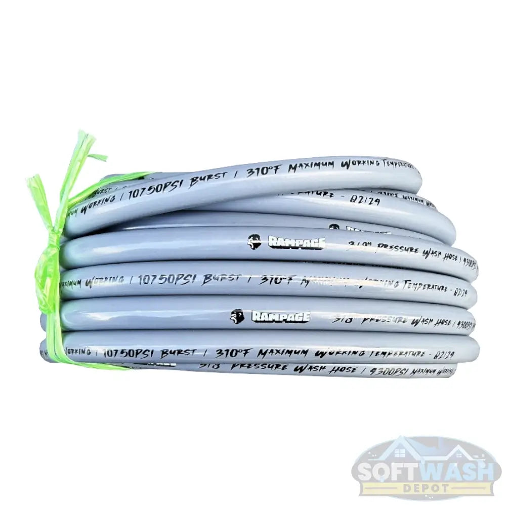 Rampage Smooth Gray 3/8 Inch Single Wire 4300 PSI Pressure Wash Hose - durable gray hose with green ties and black connector, designed for high-pressure washing and soft washing systems - Soft Wash Depot product photo.