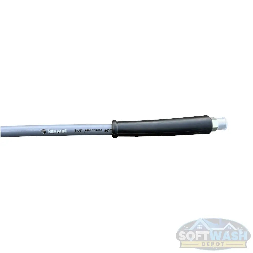 Rampage Smooth Gray 3/8 Inch Single Wire 4300 PSI Pressure Wash Hose - durable gray hose with green ties and black connector, designed for high-pressure washing and soft washing systems - Soft Wash Depot product photo.