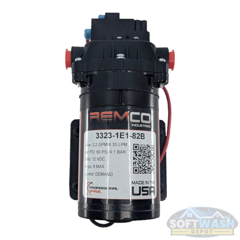 Remco 2.2 GPM 60 PSI 12V demand diaphragm pump with 3/8 inch FNPT ports, SAE 2-pin connector, sealed motor, and chemical-resistant construction for agricultural and industrial spraying applications. - Soft Wash Depot