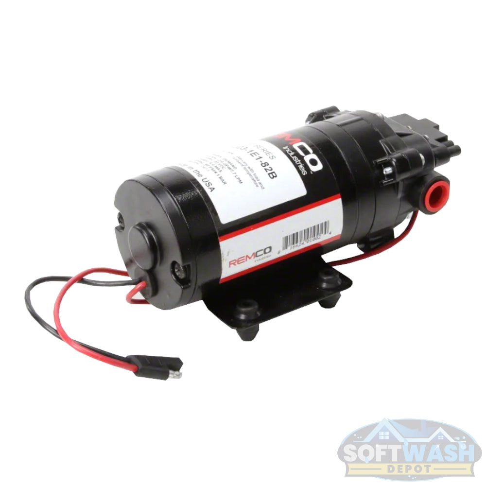 Remco 2.2 GPM 60 PSI 12V demand diaphragm pump with 3/8 inch FNPT ports, SAE 2-pin connector, sealed motor, and chemical-resistant construction for agricultural and industrial spraying applications. - Soft Wash Depot