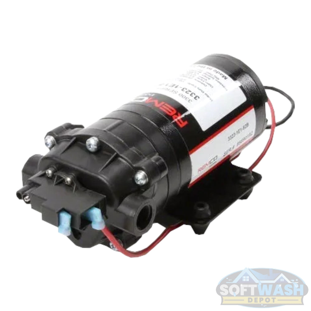 Remco 2.2 GPM 60 PSI 12V demand diaphragm pump with 3/8 inch FNPT ports, SAE 2-pin connector, sealed motor, and chemical-resistant construction for agricultural and industrial spraying applications. - Soft Wash Depot