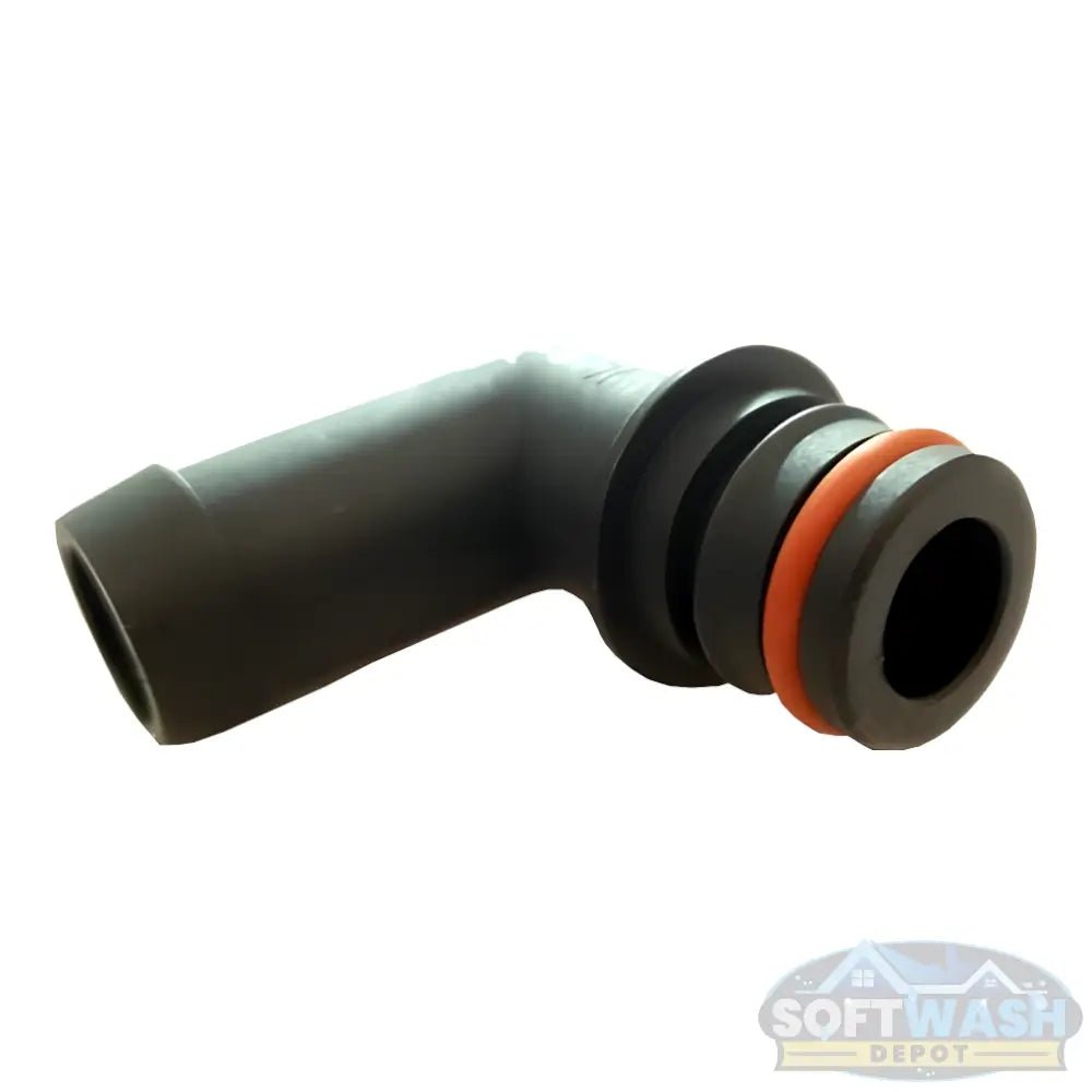 Remco 3/4" Quick Attach x 3/4" Hose Barb 90-degree elbow fitting for compatible soft wash pumps, providing secure hose connections and efficient hose routing. - Soft Wash Depot