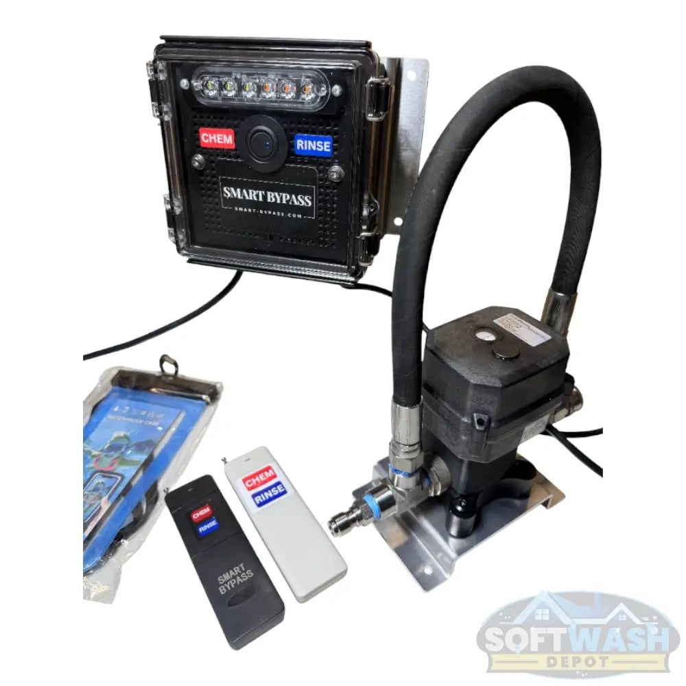 Remote Downstream 1/2" Bypass chemical injector system with smart control box, solenoid valve, and wireless remote. - Soft Wash Depot