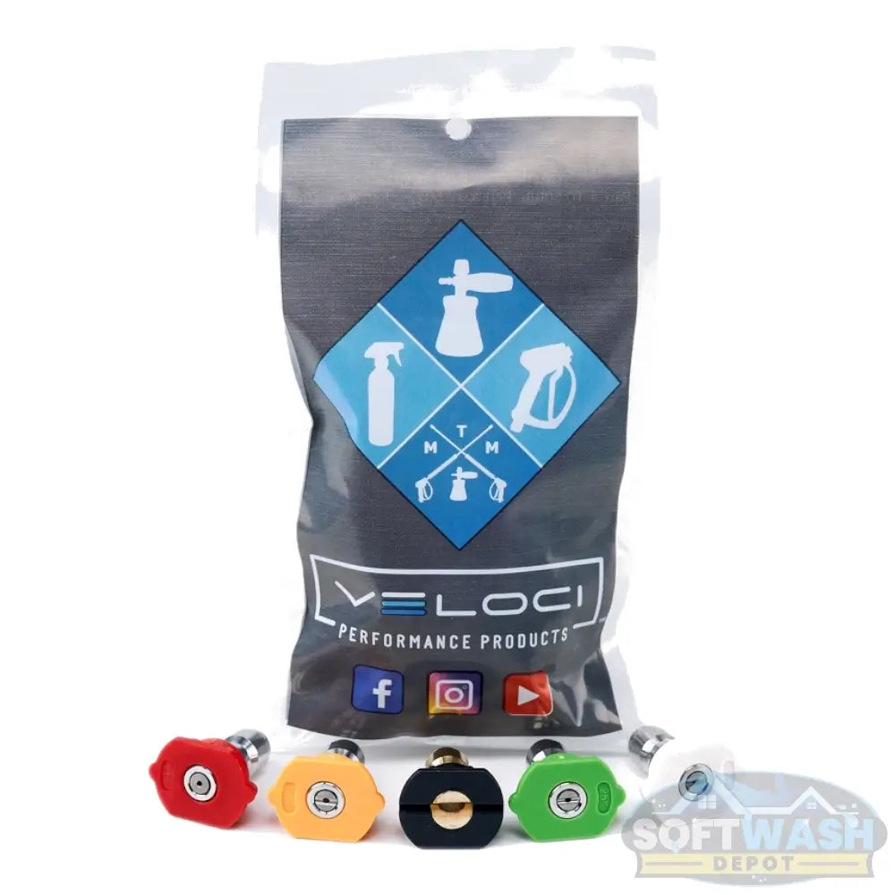 Veloci stainless steel 5-pack quick-connect pressure washer nozzles displayed in front of branded packaging, including color-coded spray tips for various spray angles - Soft Wash Depot.