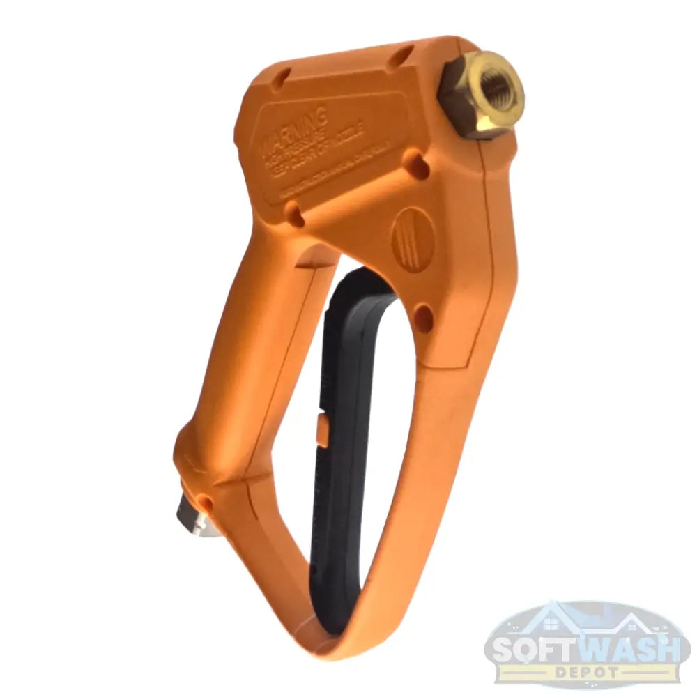 Suttner ST-2305 easy-pull spray gun in safety orange, rated 5,000 PSI, featuring ergonomic handle and brass inlet. - Soft Wash Depot