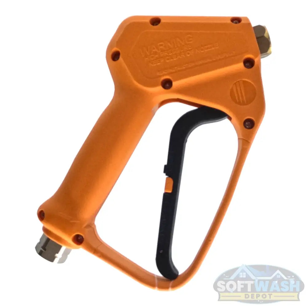Suttner ST-2305 easy-pull spray gun in safety orange, rated 5,000 PSI, featuring ergonomic handle and brass inlet. - Soft Wash Depot