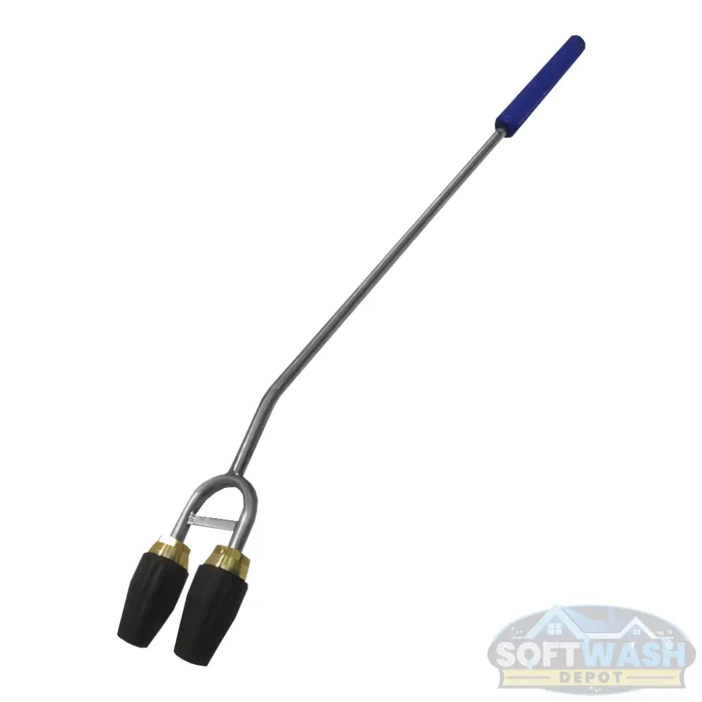 ST-357 Twin Turbo stainless steel lance with dual nozzles and ergonomic blue handle for boosted pressure washing performance - Soft Wash Depot.