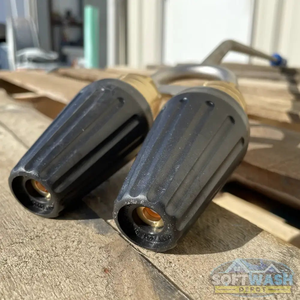 ST-357 Twin Turbo stainless steel lance with dual nozzles and ergonomic blue handle for boosted pressure washing performance. - Soft Wash Depot