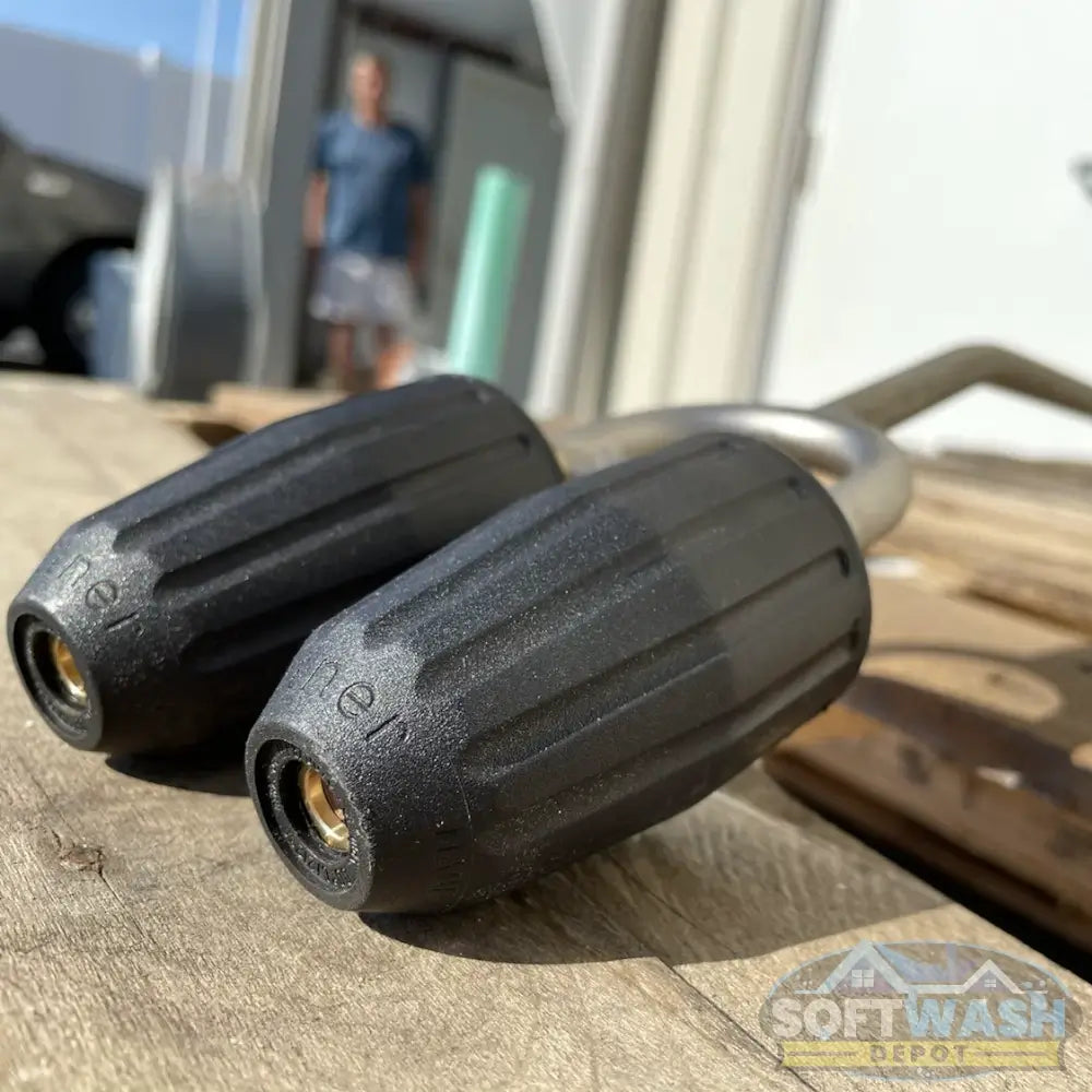 ST-357 Twin Turbo stainless steel lance with dual nozzles and ergonomic blue handle for boosted pressure washing performance. - Soft Wash Depot