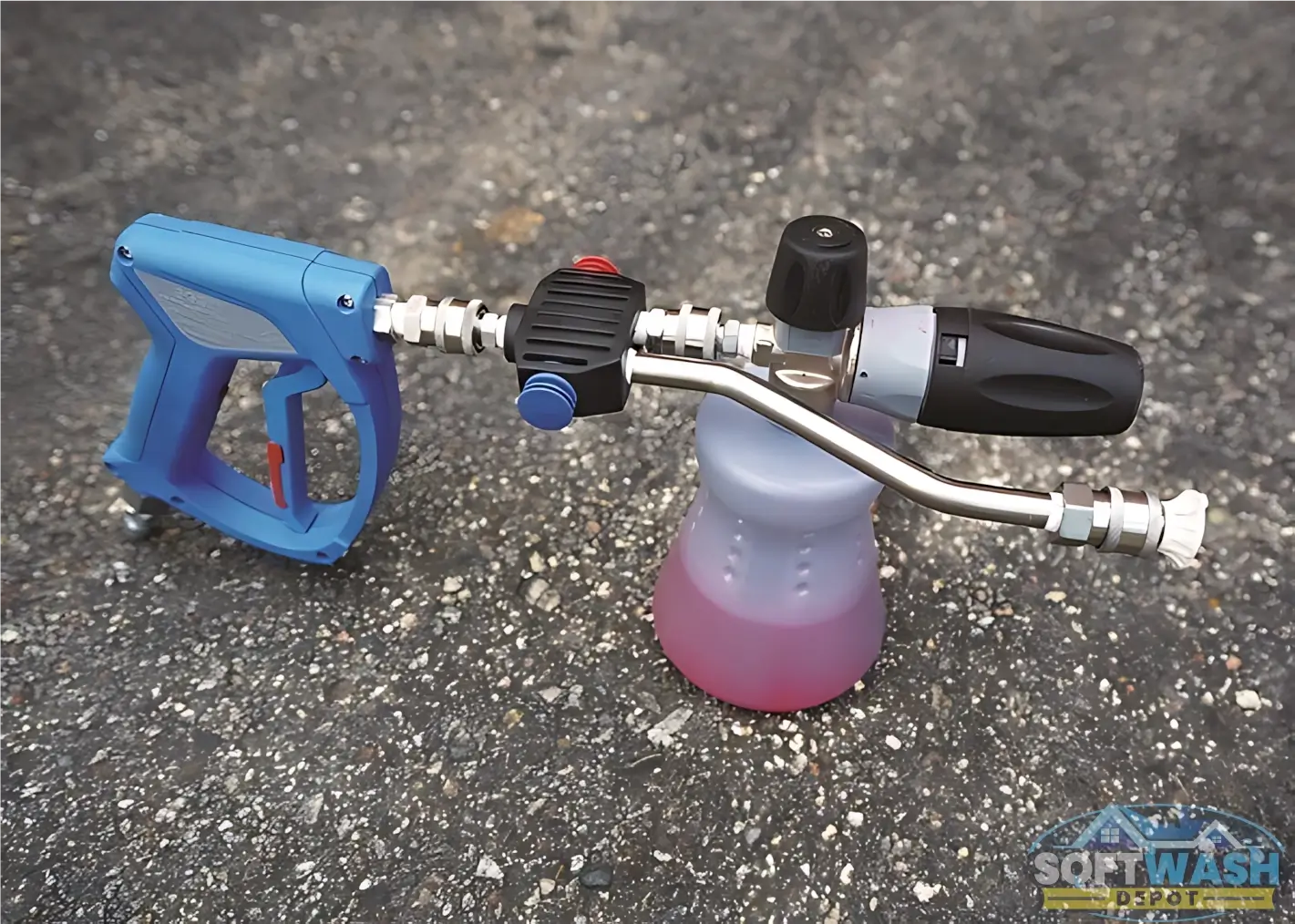SWD Mezzo Valve Single Edition with stainless steel bent lance and quick-connect fittings, featuring red and blue chemical ports on the black valve body. - Soft Wash Depot