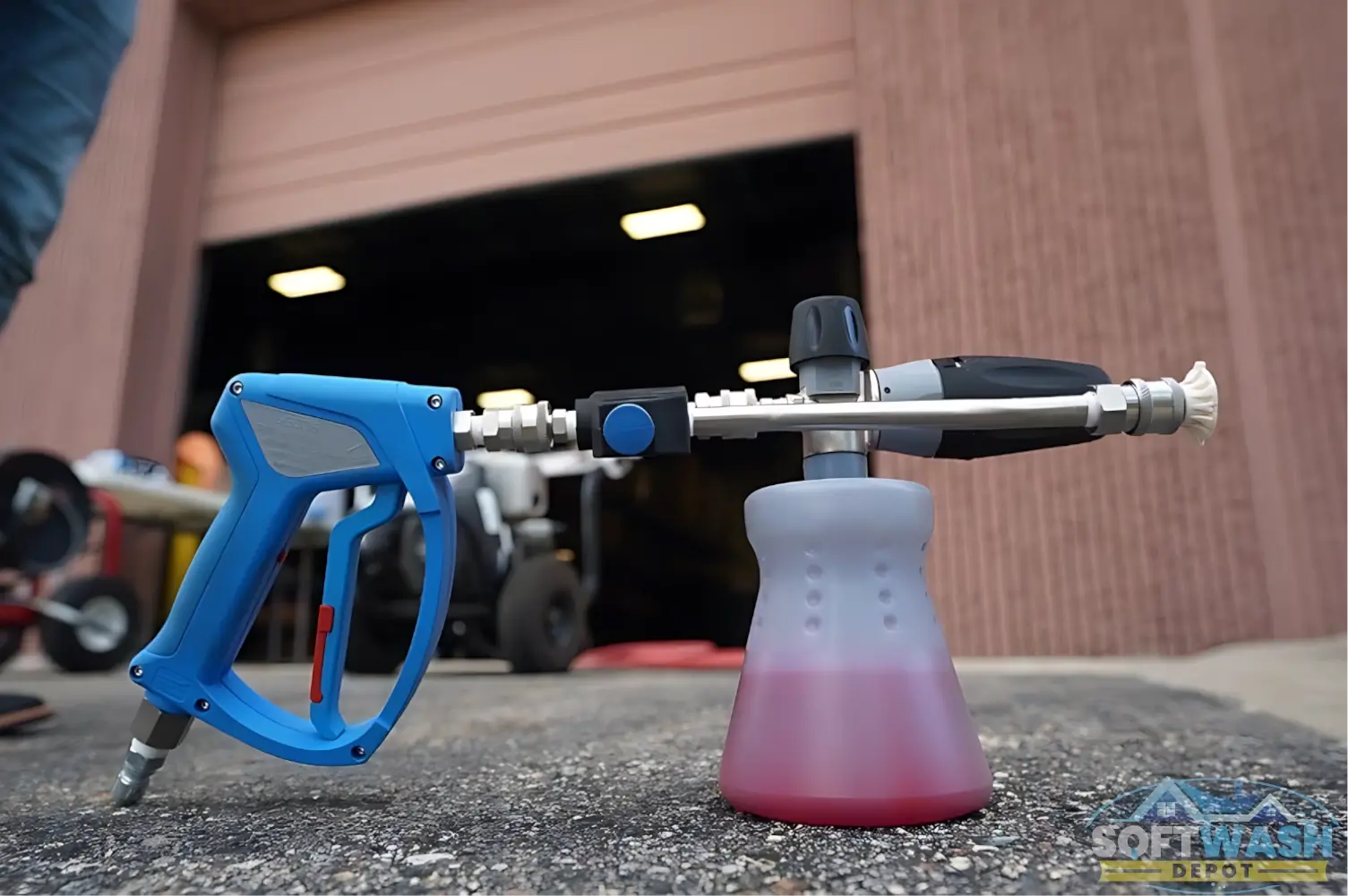 SWD Mezzo Valve Single Edition with stainless steel bent lance and quick-connect fittings, featuring red and blue chemical ports on the black valve body. - Soft Wash Depot