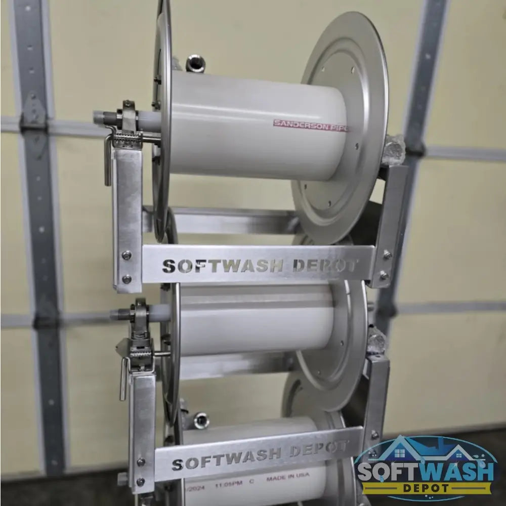 SWD 12" & 18" Aluminum & Stainless Steel Manual Hose Reels - durable corrosion-resistant reels designed for soft wash and pressure washing systems, featuring a heavy-duty frame and smooth manual rewind - Soft Wash Depot.