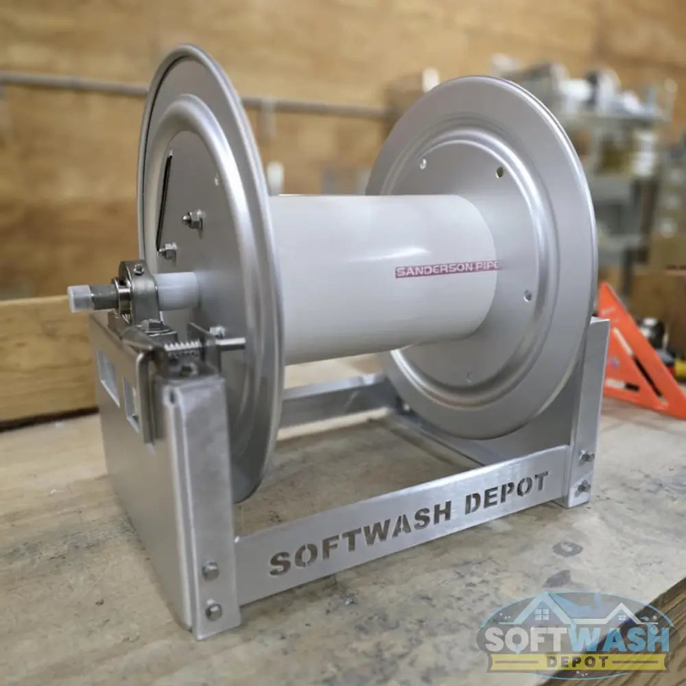 SWD 12" & 18" Aluminum & Stainless Steel Manual Hose Reels - durable corrosion-resistant reels designed for soft wash and pressure washing systems, featuring a heavy-duty frame and smooth manual rewind - Soft Wash Depot.