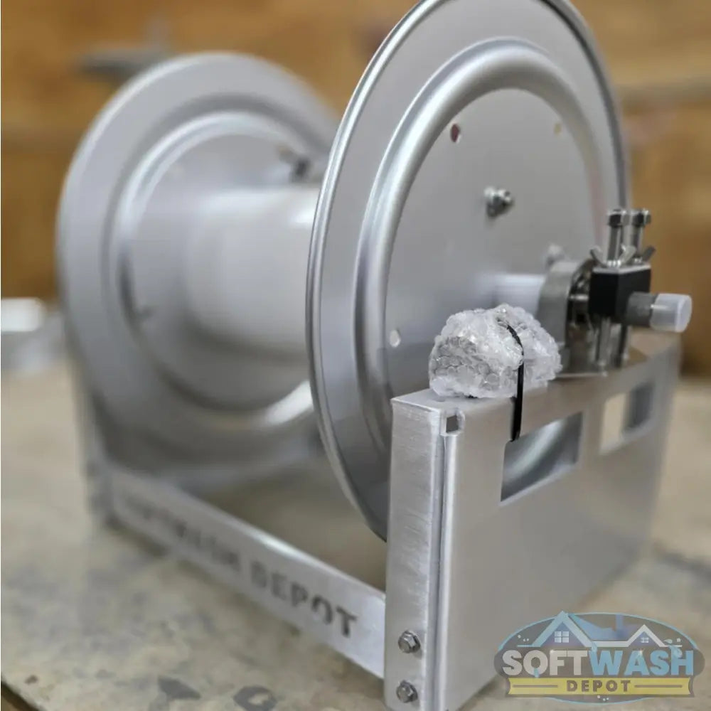 SWD 12" & 18" Aluminum & Stainless Steel Manual Hose Reels - durable corrosion-resistant reels designed for soft wash and pressure washing systems, featuring a heavy-duty frame and smooth manual rewind - Soft Wash Depot.