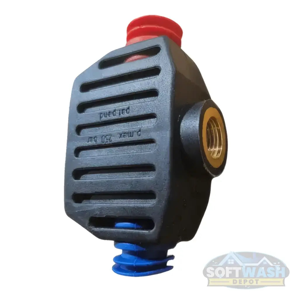 SWD 2-Way Pressure Washing & Soft Wash Nozzle - dual port nozzle with durable brass inserts for quick spray pattern switching - red and blue caps for easy identification - high-pressure and soft-wash compatible - Soft Wash Depot product photo.
