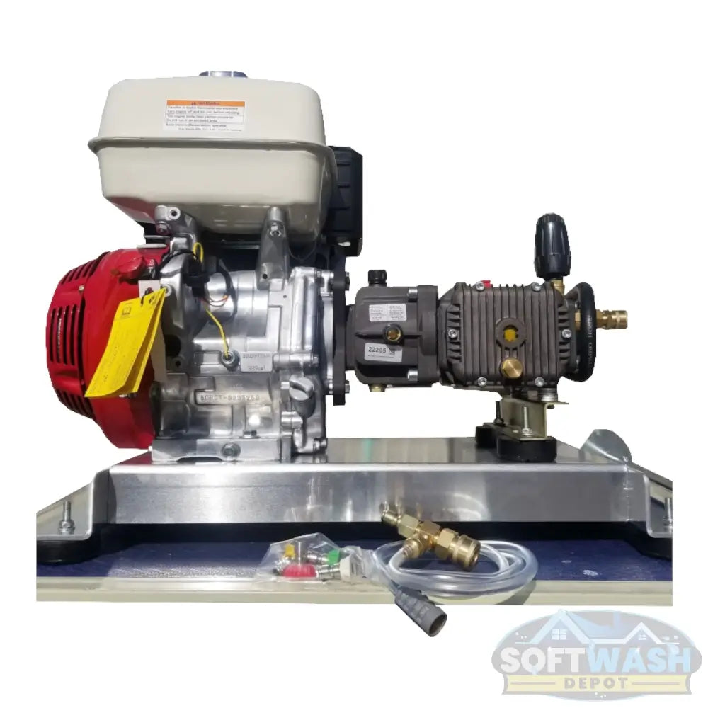 SWD 5.5 GPM at 3000 PSI Gear Drive Honda GX390 with Comet Pump Electric Start Skid - professional pressure washer unit with high-performance Honda engine, gear-driven Comet pump, aluminum skid mount, and included accessories - Soft Wash Depot product photo.