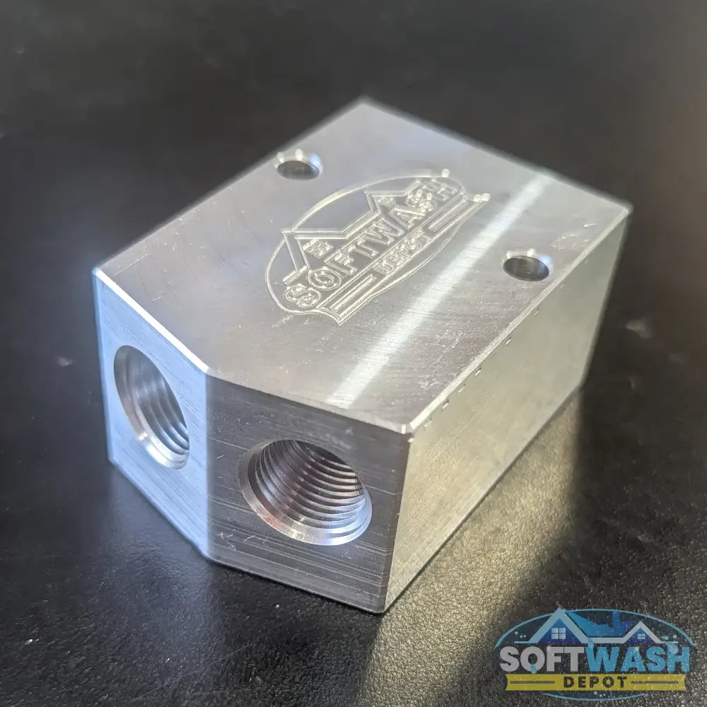 SWD Aluminum 3/8" x 1/2" Twinning Block with dual 3/8-inch inlets and single 1/2-inch outlet for combining two pressure washers into one high-flow system. - Soft Wash Depot