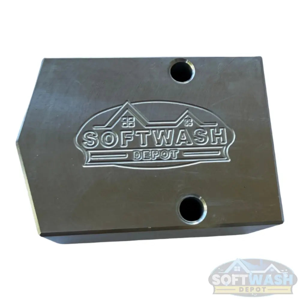 SWD Aluminum Twinning Block with dual 1/2-inch inlet ports and single outlet, designed to combine two pressure washers for increased water flow and high-efficiency cleaning. - Soft Wash Depot