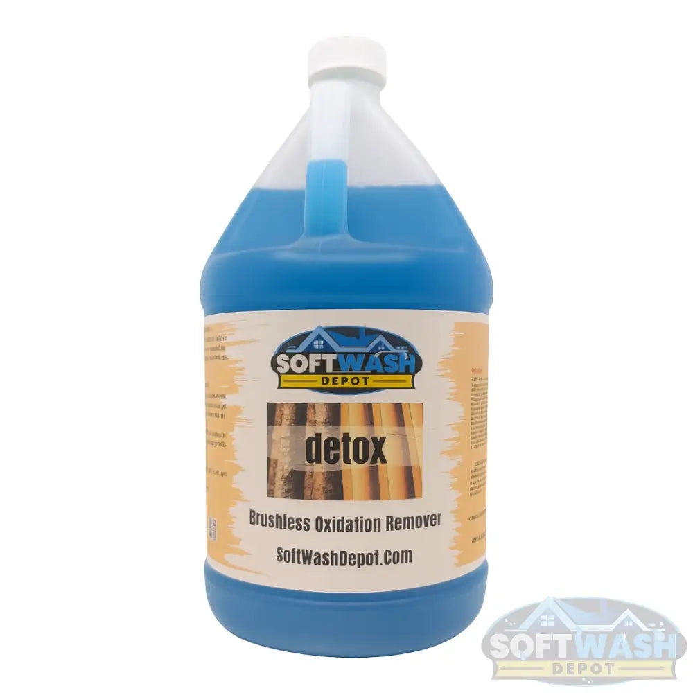 SWD Detox Brushless Oxidation Remover - professional oxidation and surface cleaner by Soft Wash Depot - blue liquid solution for restoring siding, gutters, and exterior surfaces - 1-gallon container.
