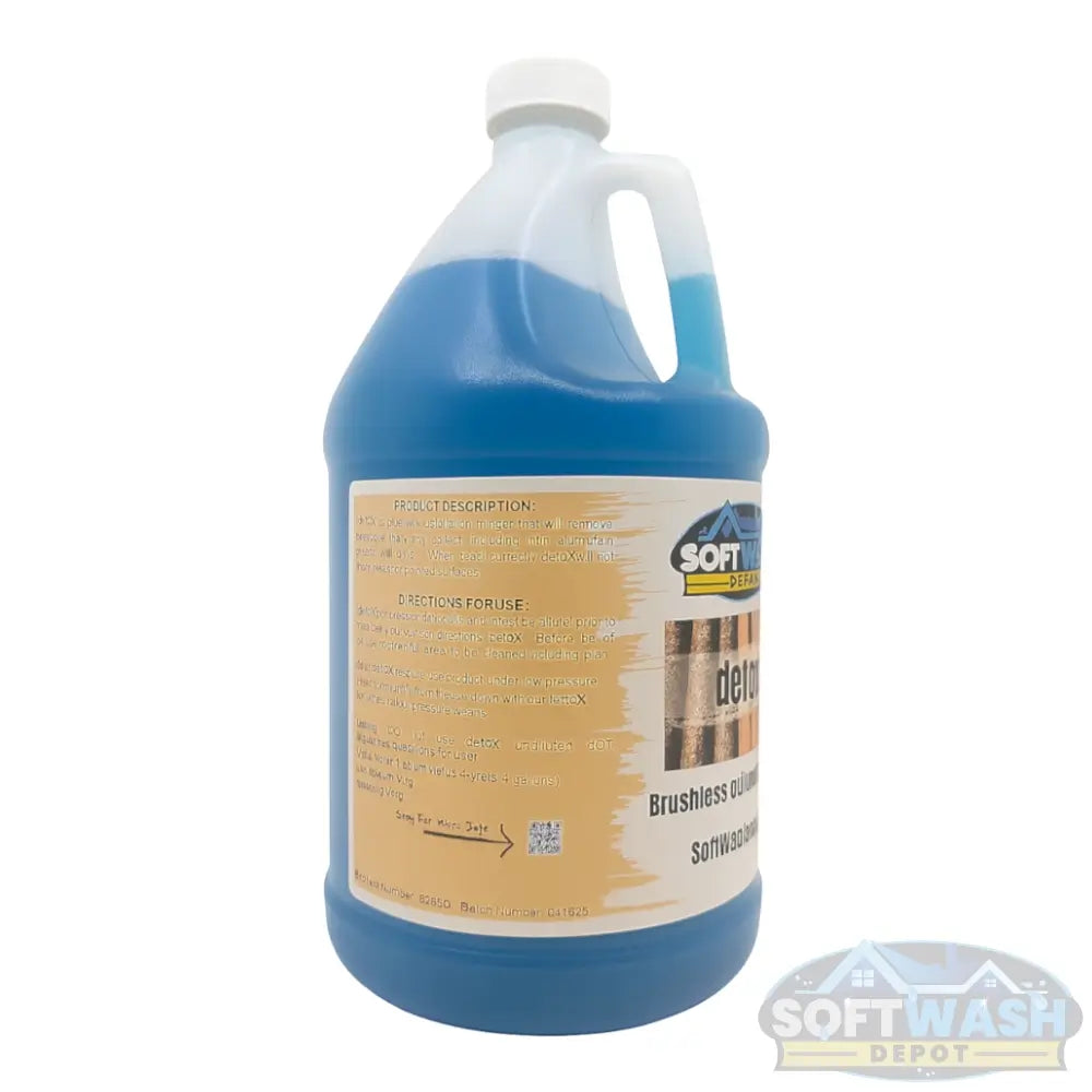 SWD Detox Brushless Oxidation Remover - professional oxidation and surface cleaner by Soft Wash Depot - blue liquid solution for restoring siding, gutters, and exterior surfaces - 1-gallon container.