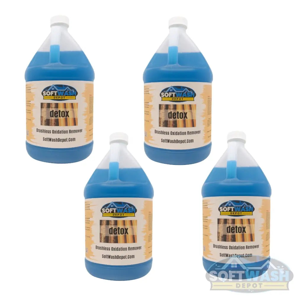 SWD Detox Brushless Oxidation Remover - professional oxidation and surface cleaner by Soft Wash Depot - blue liquid solution for restoring siding, gutters, and exterior surfaces - 1-gallon container 4-pack case.
