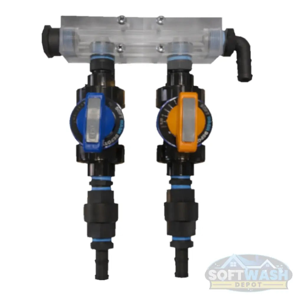 SWD EZ Blend Precision Flow Soft Wash Mixing Proportioner - 2-valve system for accurate chemical and water ratio control in soft washing setups, mounted on aluminum skid. - Soft Wash Depot