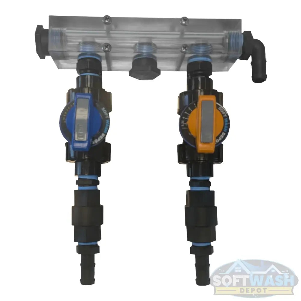 SWD EZ Blend Precision Flow Soft Wash Mixing Proportioner - 2-valve system for accurate chemical and water ratio control in soft washing setups, mounted on aluminum skid. - Soft Wash Depot