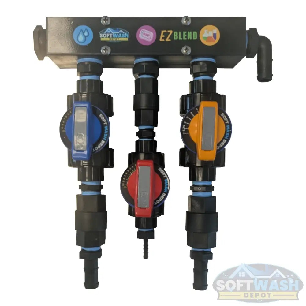 SWD EZ Blend Precision Flow soft wash mixing proportioner with labeled water, soap, and chemical control valves and color-coded adjustment handles. - Soft Wash Depot