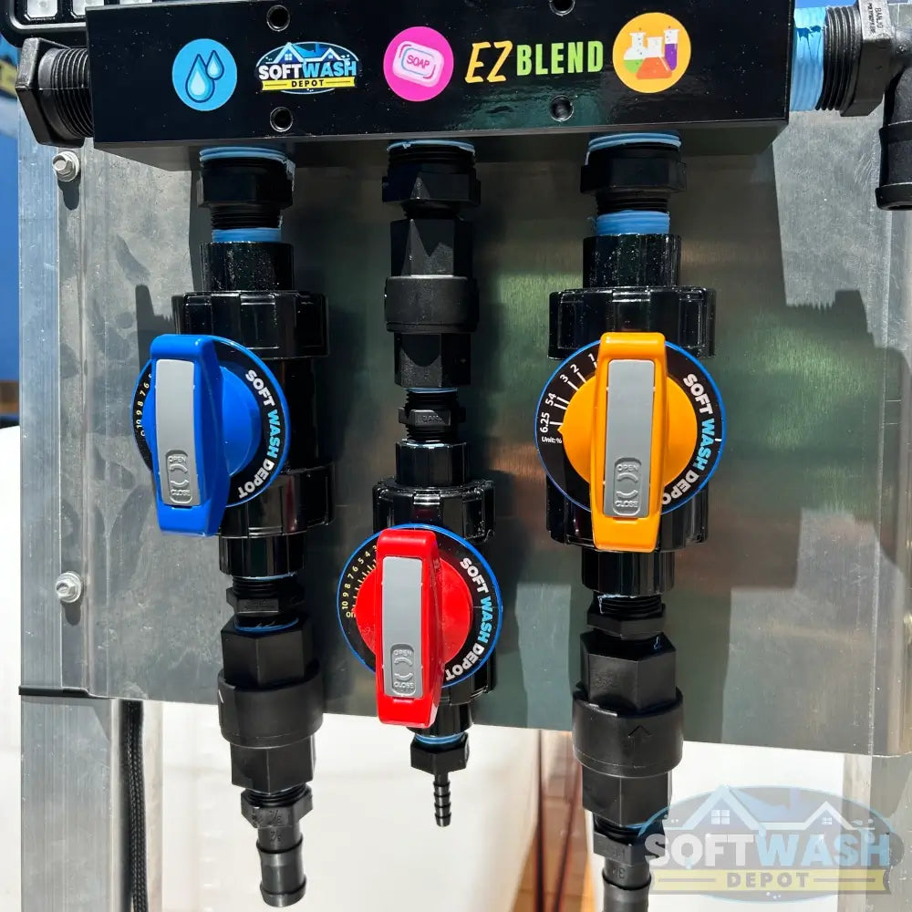 SWD EZ Blend Precision Flow soft wash mixing proportioner with labeled water, soap, and chemical control valves and color-coded adjustment handles - Soft Wash Depot.