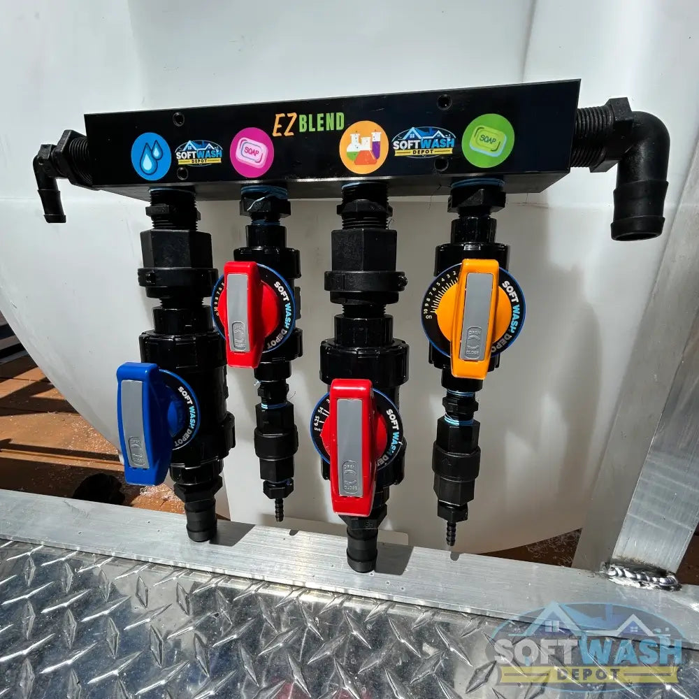 SWD EZ Blend Precision Flow soft wash mixing proportioner with labeled water, soap, and chemical control valves and color-coded adjustment handles - Soft Wash Depot.