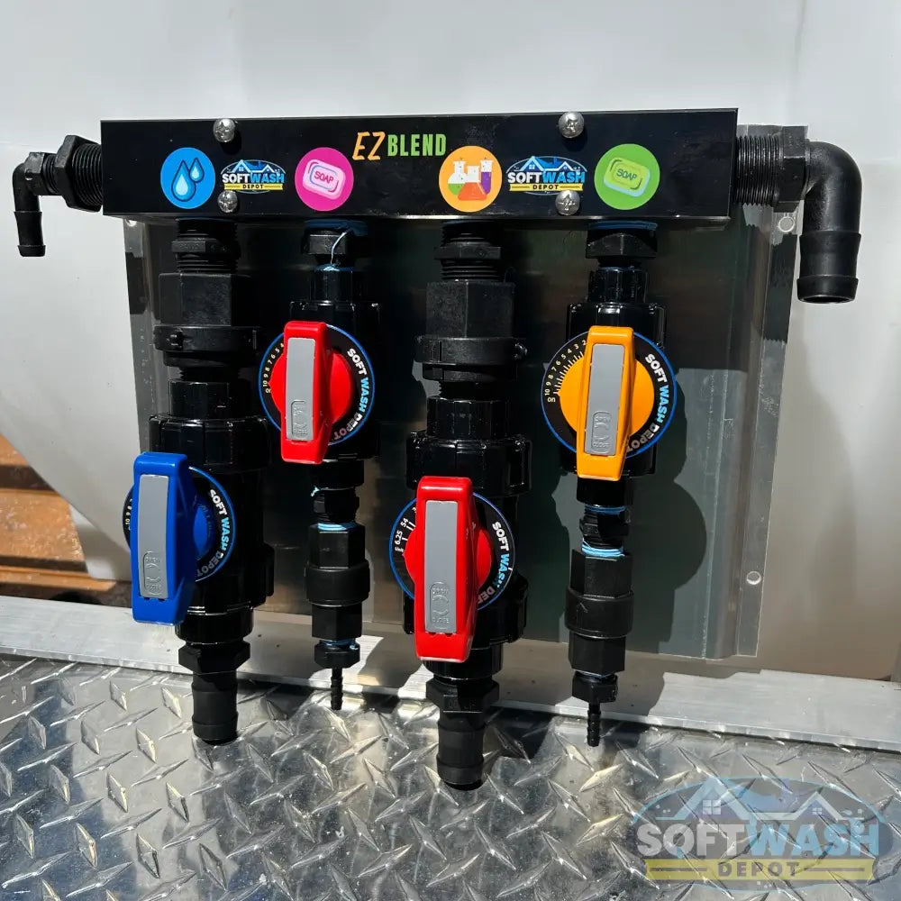 SWD EZ Blend Precision Flow soft wash mixing proportioner with labeled water, soap, and chemical control valves and color-coded adjustment handles - Soft Wash Depot.