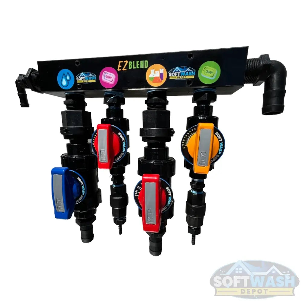 SWD EZ Blend Precision Flow soft wash mixing proportioner with labeled water, soap, and chemical control valves and color-coded adjustment handles - Soft Wash Depot.