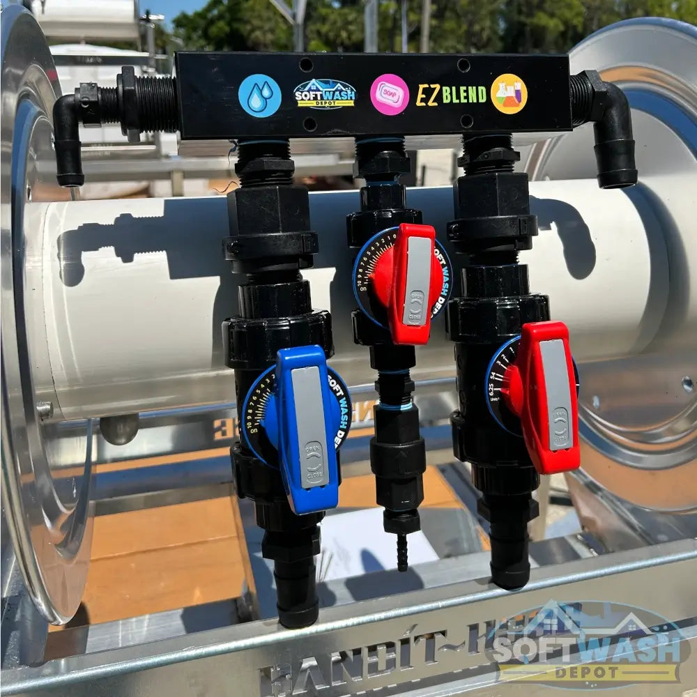 SWD EZ Blend Precision Flow soft wash mixing proportioner with labeled water, soap, and chemical control valves and color-coded adjustment handles - Soft Wash Depot.