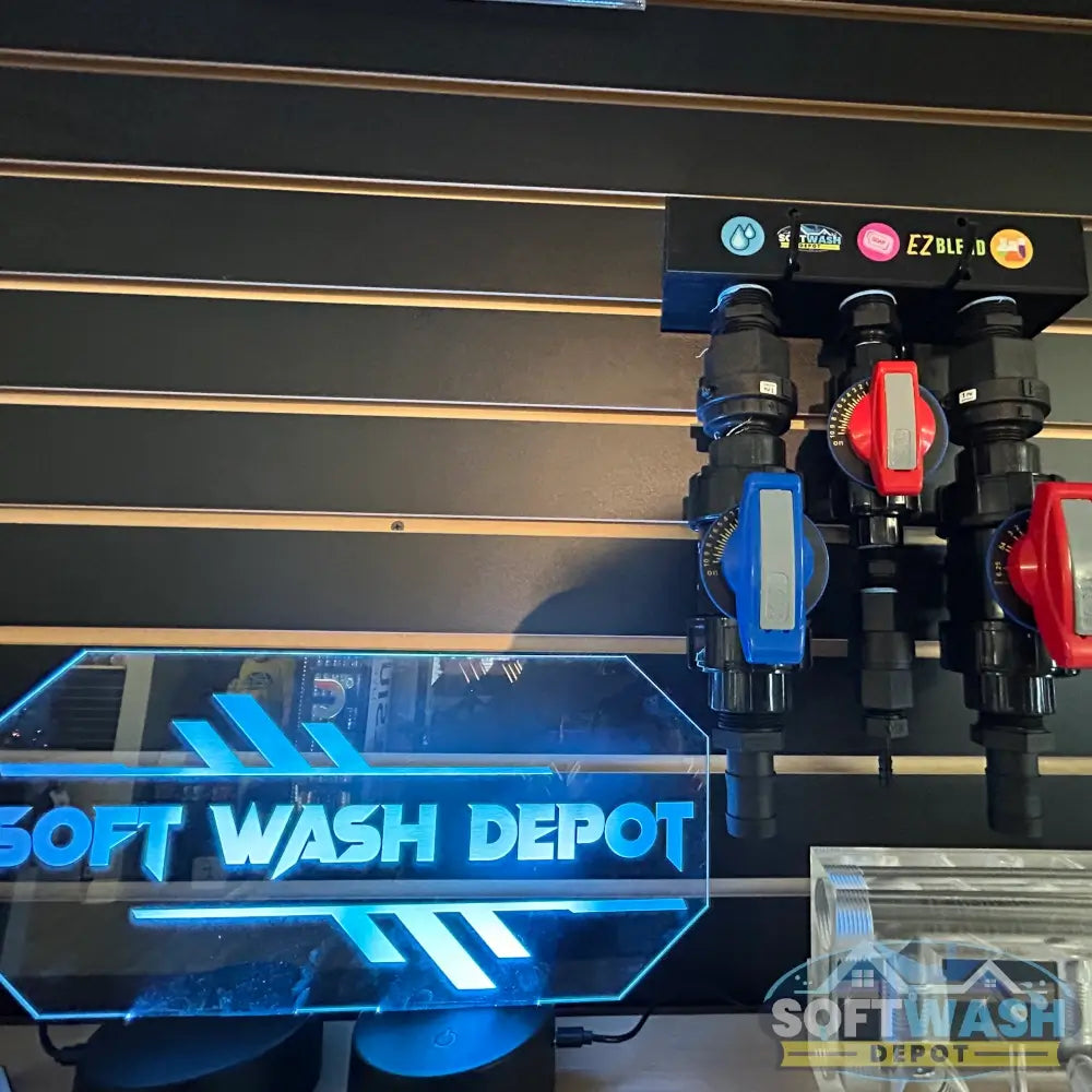 SWD EZ Blend Precision Flow soft wash mixing proportioner with labeled water, soap, and chemical control valves and color-coded adjustment handles - Soft Wash Depot.