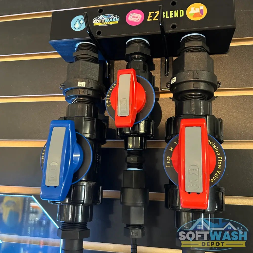 SWD EZ Blend Precision Flow soft wash mixing proportioner with labeled water, soap, and chemical control valves and color-coded adjustment handles - Soft Wash Depot.