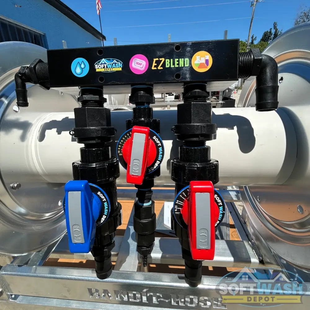 SWD EZ Blend Precision Flow soft wash mixing proportioner with labeled water, soap, and chemical control valves and color-coded adjustment handles - Soft Wash Depot.
