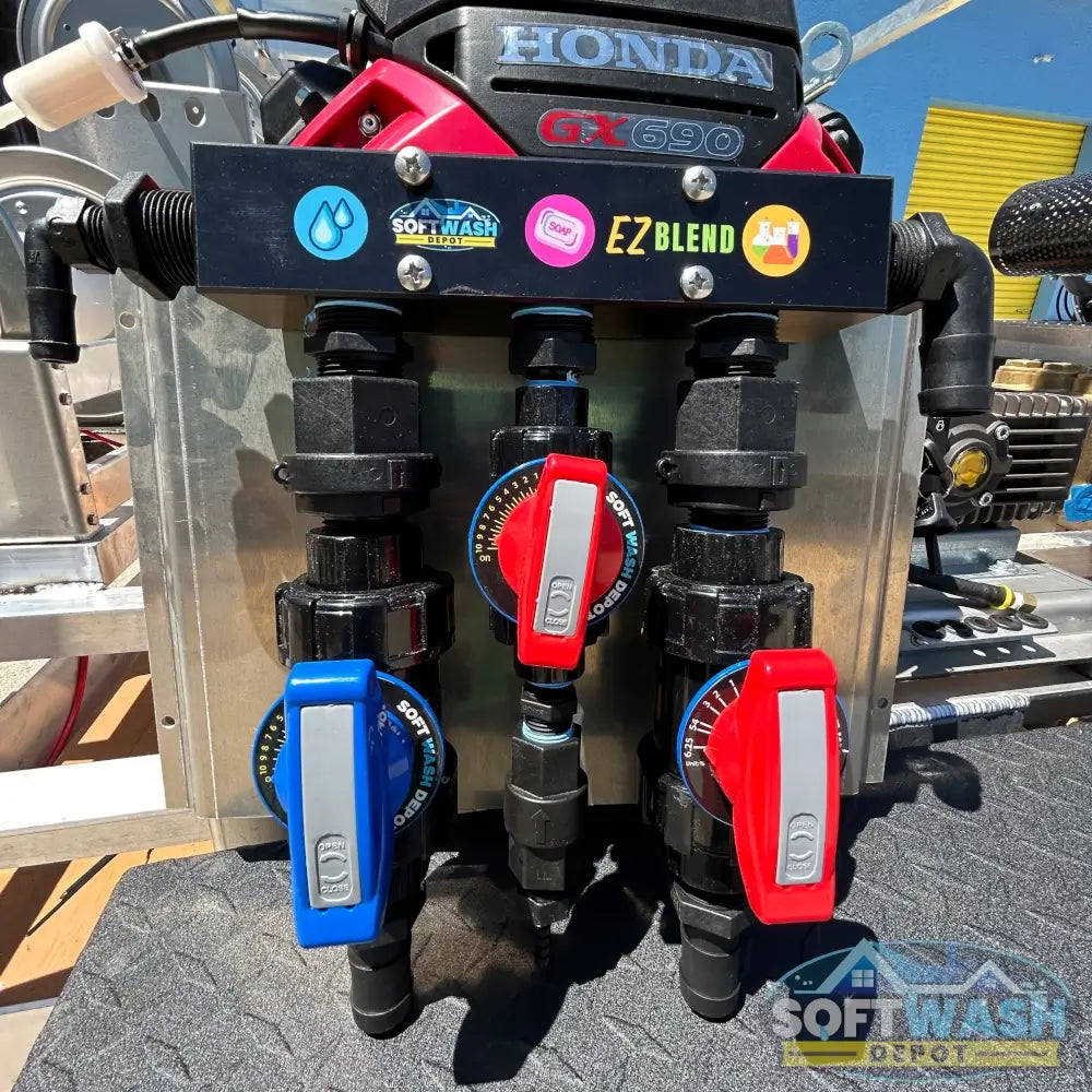 SWD EZ Blend Precision Flow soft wash mixing proportioner with labeled water, soap, and chemical control valves and color-coded adjustment handles - Soft Wash Depot.