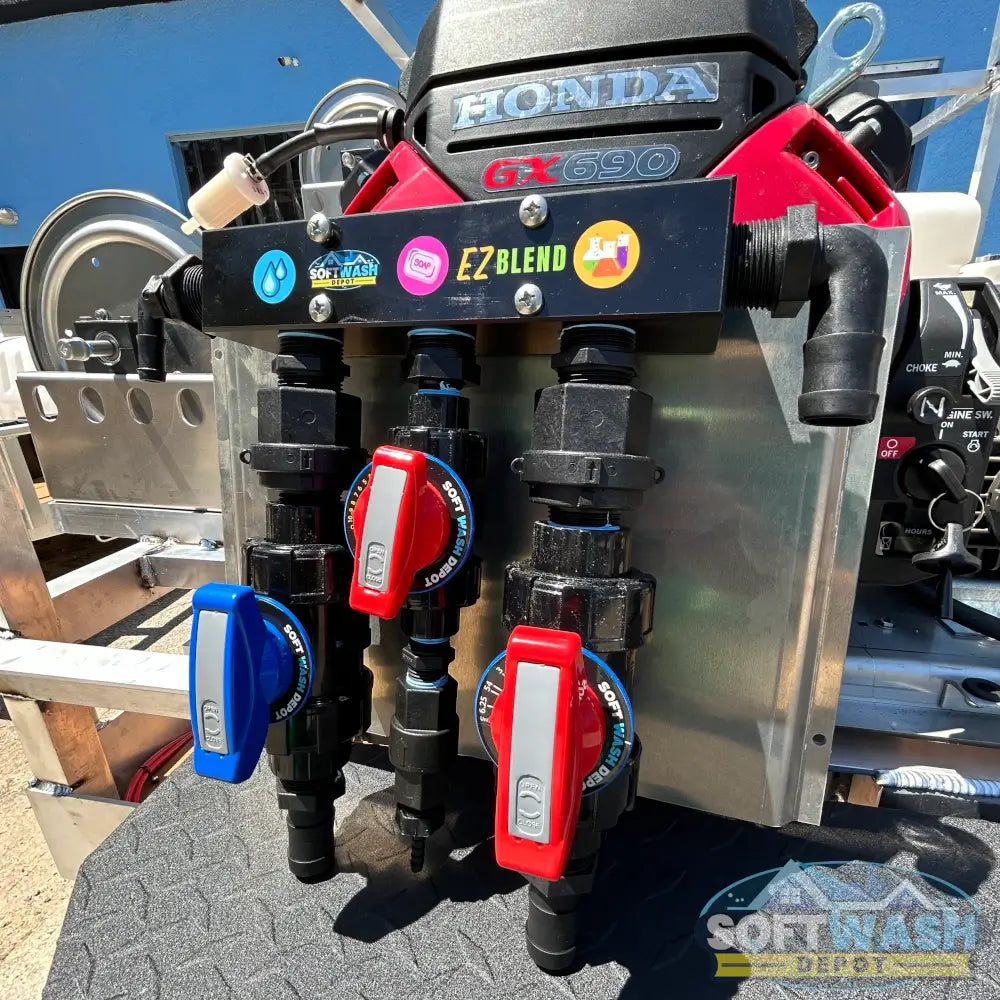 SWD EZ Blend Precision Flow soft wash mixing proportioner with labeled water, soap, and chemical control valves and color-coded adjustment handles - Soft Wash Depot.